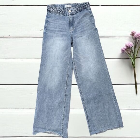 Oat New York Denim - OAT New York Braided Waist Wide Leg Light Wash Jeans Women’s Raw Hem 2/26